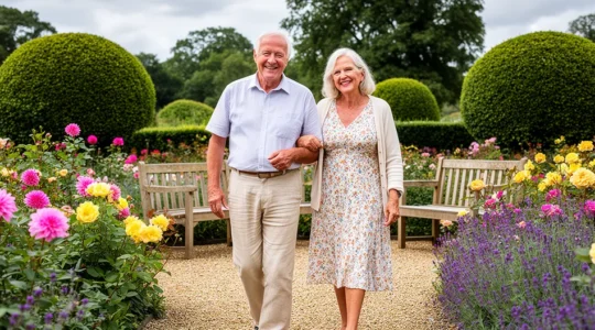 Couple de seniors marchant bras dessus bras dessous dans un jardin fleuri