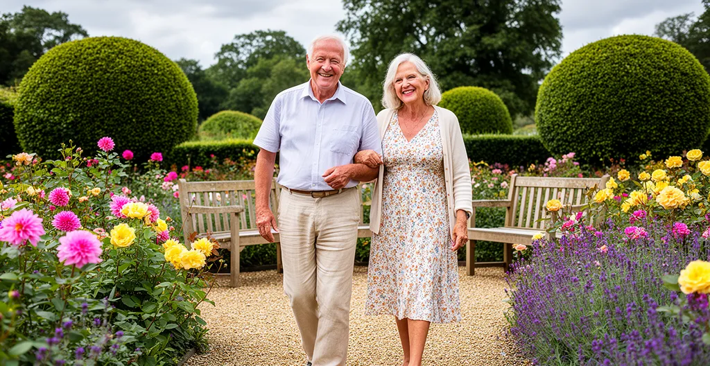 Couple de seniors marchant bras dessus bras dessous dans un jardin fleuri
