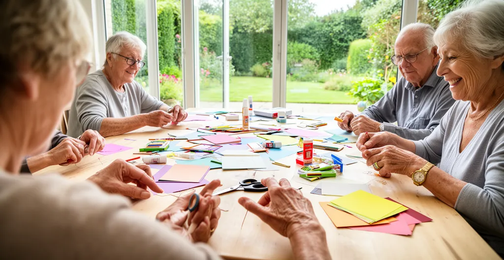 Groupe de seniors participant à un atelier créatif dans une salle lumineuse