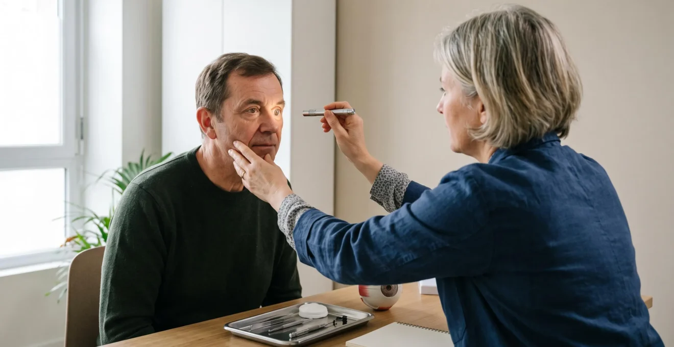 Un oculariste examine l'œil d'un patient assis en face de lui en cabinet.