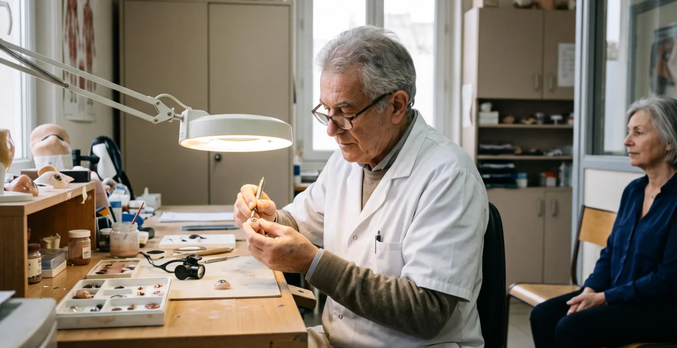 Un oculariste examine une prothèse oculaire sous une lampe dans son atelier.
