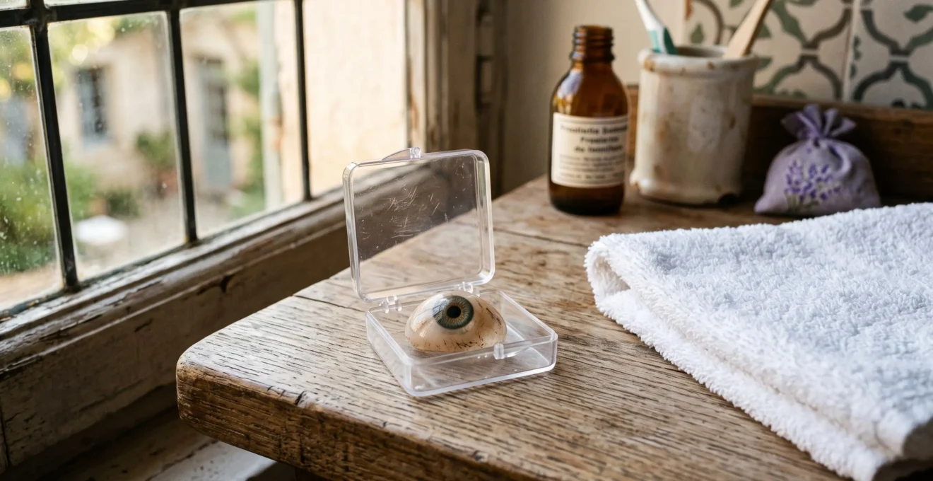 Une prothèse oculaire posée dans son étui sur une étagère de salle de bain.